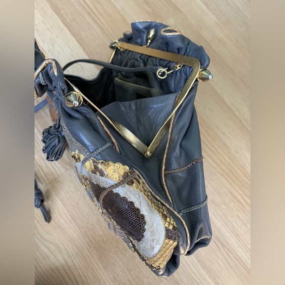 Carlo Fiori of Italy Leather Snakeskin Purse Shoulder Bag Handbag Gray Green Tan - Picture 9 of 16